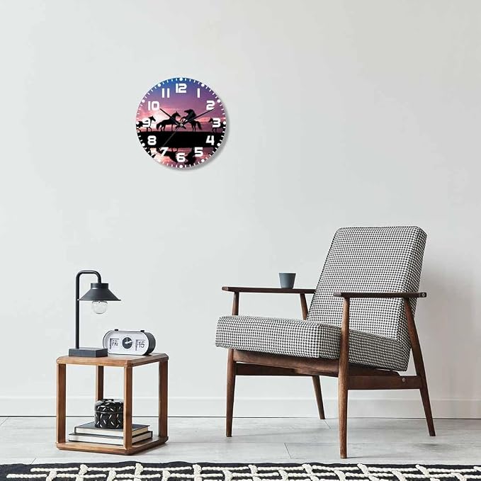 Horses Sunset Wall Clock Battery Operated Horses with Water Reflection Wall Clock Silent Non Ticking Quality Quartz 10 Inch Round Easy Clock to Read for Home Office