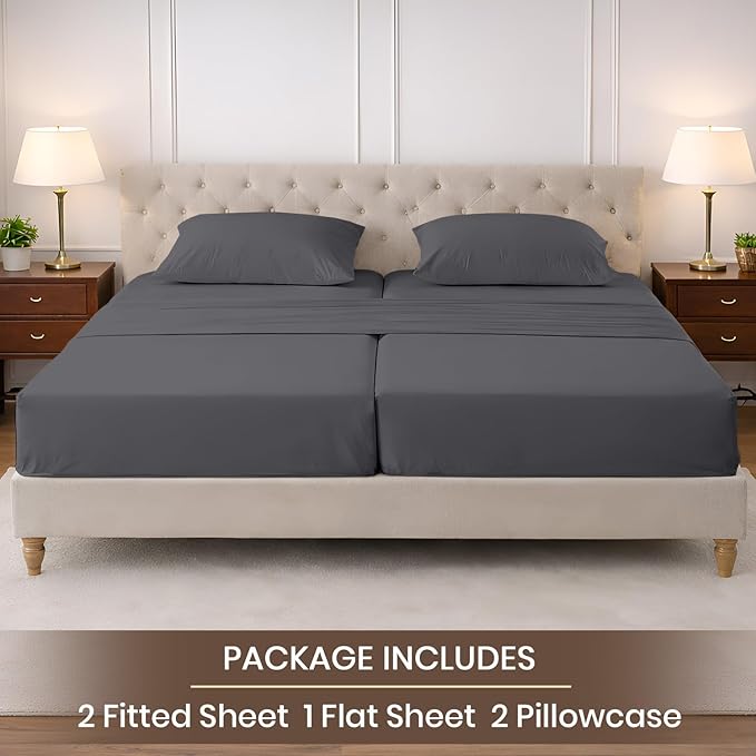 SGI Split King Sheet Set for Adjustable Bed Egyptian Premium Cotton 600 Thread Count Sheets for Sleep Number Bed 15" Deep Pocket 5 Pc Set with 2 Twin XL Fitted Sheets Soft Breathable -Dark Gray