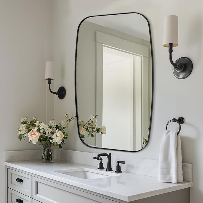 ANDY STAR 20x28 Black Bathroom Mirror, Oblong Vanity Mirror with Stainless Steel Metal Frame, Matte Black Mirror for Over Sink, Modern Anti Rust Wall Mounted