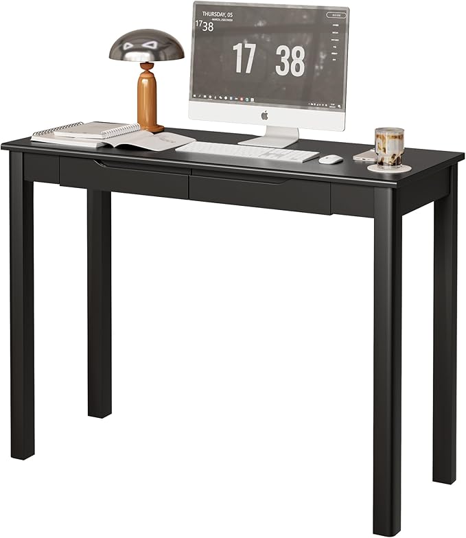 Solid Wood Desk with Drawers - 39 x 16 Inch Simple Narrow Desks, Modern Computer Desks, Rubber Wood Study Table, Small Writing Desk for Bedroom|Small Spaces - Black