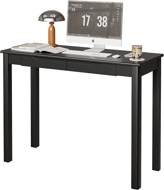 Solid Wood Desk with Drawers - 39 x 16 Inch Simple Narrow Desks, Modern Computer Desks, Rubber Wood Study Table, Small Writing Desk for Bedroom|Small Spaces - Black