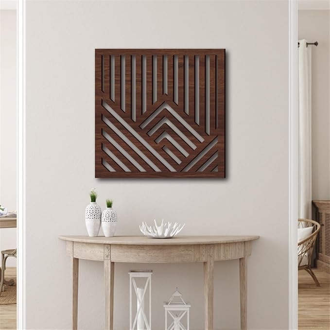 Geometric Mountain Wood Wall Art Decor, 2 Pcs Modern Mountain Wall Sculptures Wooden Square Hanging Abstract Panels, 3D Square Hollow Wood Art Wall Decor for Home Office Living Room Bedroom (Brown)
