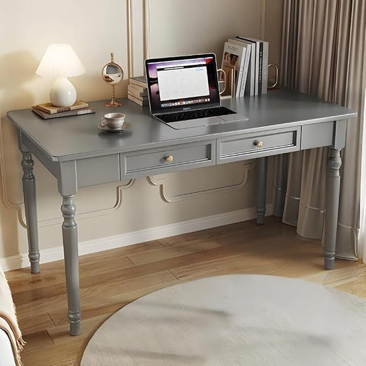 Computer Desk with 2 Drawers Mid-Century Modern Wooden Writing Desk Vintage Vanity Table Study Work Table for Office Lightweight(Gray,100cm)