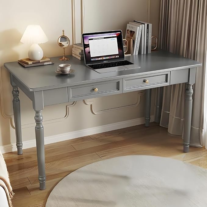 Computer Desk with 2 Drawers Mid-Century Modern Wooden Writing Desk Vintage Vanity Table Study Work Table for Office Heavy Duty(Gray,120cm)