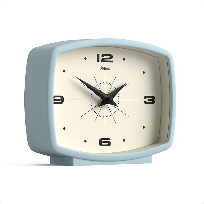 JONES CLOCKS® Film Desk Clock | Retro Rectangular Design | Pale Blue | Retro Design, Blending mid-Century Style with a Punchy Modern Finish for Shelf, Table, Mantel or Bedside