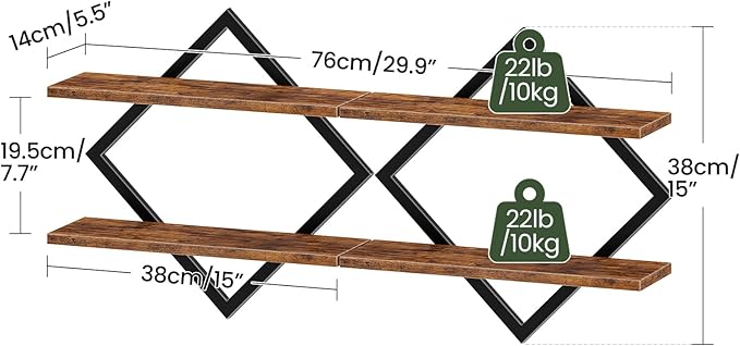 CHOEZON Floating Shelves, Set of 2 Wall Shelves, 2-Tier Hanging Shelves, Wall Shelf Set of 2, Wall Mounted Shelves, for Living Room, Bedroom, Kitchen, Office, Study, Rustic Brown TBJ01P2BF