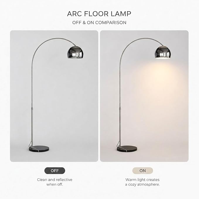 Murmurglow-71”Modern Arc Floor Lamp, Mid Century Adjustable Height Chrome Floor Lamp with Metal Shade,Book Reading Standing Light with Round Marble Base for Living Room, Bedroom,Office
