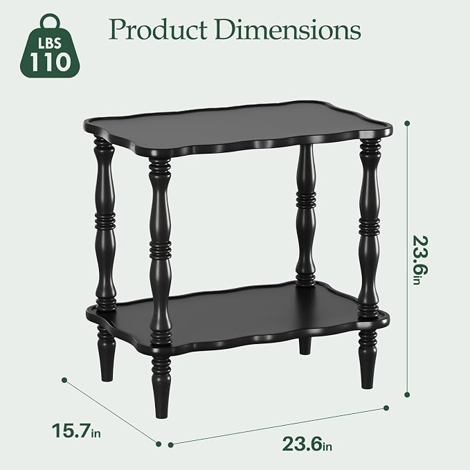 Solid Wood End Table Living Room - 23.6" H Small Narrow Rectangle Wooden End Table for Small Spaces, Dark Real Black Solid Wood Vintage Antique Side Bedside Table Nightstand with 2-Tier Storage