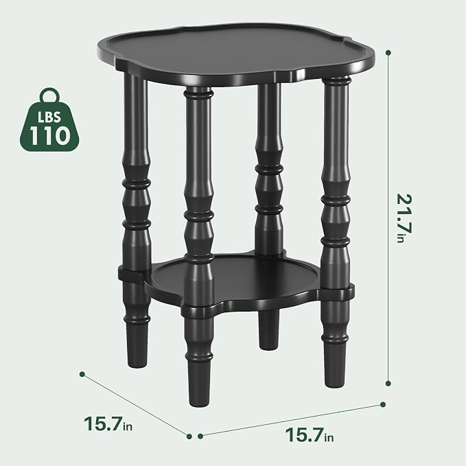 Solid Wood End Table Living Room - 21.7" H Small Narrow Square Wooden End Table for Small Spaces, Dark Real Black Solid Wood Vintage Antique Side Bedside Table Nightstand with 2-Tier Storage
