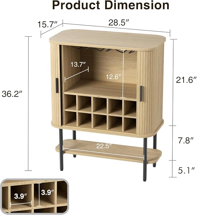 FiveWillowise Coffee Bar Cabinet with Storage, Fluted Wine Cabinet with Sliding Door, Glass Holder and Wine Rack, Buffet Sideboard Liquor Cabinet for Kitchen, Dining Room, Living Room, Natural