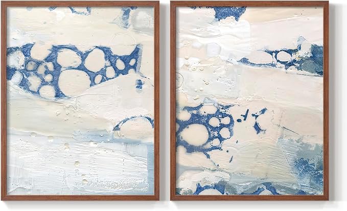 Renditions Gallery Set of 2 Peel & Stick Framed Prints, Textured Abstract Wall Art, Beach Themed Bubble Design Wall Decor, Re-Stickable - Ready to Hang - 11"x14" - Walnut Frame LT588