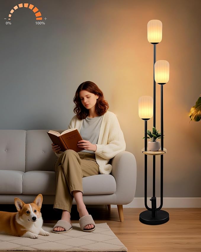 Lightdot Black Dimmable Floor Lamp with Shelf Modern Floor Lamps with Oval Striped Lampshade & Bulb Included 3-Lights Tall Lamp with 5Lbs Heavy Base for Living Room/Bedroom/Sofa Beside/Corner Decor