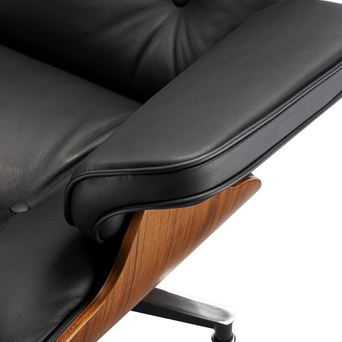 Top Black Grain Leather Mid Century Chaise Lounge Chair with Ottoman, Recliner Chaise Lounge, Modern Accent Chair for Living Room Office (Light Walnut)