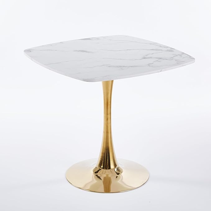 Modern Square Tulip Dining Table, 31.5 Inch White MDF Top with Gold Metal Base, Mid-Century Kitchen Table for 2-4 Persons, Small Space Living Room Bistro Table (Golden+White)