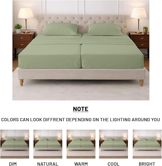 SGI Split King Sheet Set for Adjustable Bed Egyptian Premium Cotton 600 Thread Count Sheets for Sleep Number Bed 15" Deep Pocket 5 Pc Set with 2 Twin XL Fitted Sheets Soft Breathable -Moss