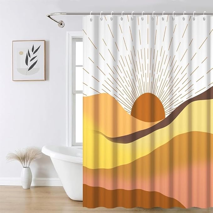Mid Century Boho Shower Curtain Set Abstract Orange Sunrise Mountain Bathtub Curtains Brown Retro Minimalist Aesthetic Bathroom Decor Machine Washable Waterproof Polyester Fabric with Hooks 69x75 Inch