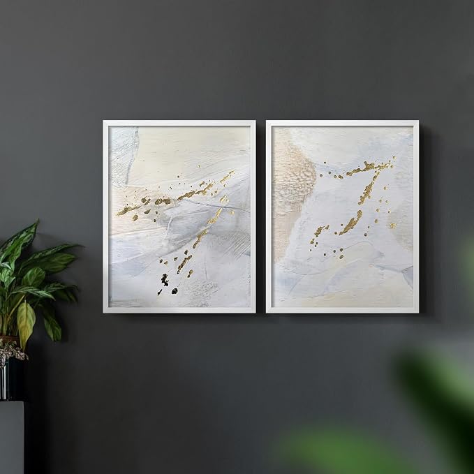 Renditions Gallery Set of 2 Peel & Stick Framed Prints, Modern Abstract Wall Art, Gold Sprinkle Oil Painting Wall Decor, Re-Stickable - Ready to Hang - 16"x20" - White Frame LT588