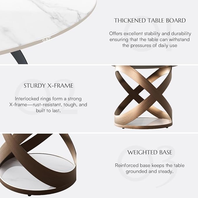 POVISON 59" Modern Round Dining Table, White Round Kitchen Table for 6, Sintered Stone Dining Room Table top with Bronze X Carbon Steel Base (Dining Table Only)