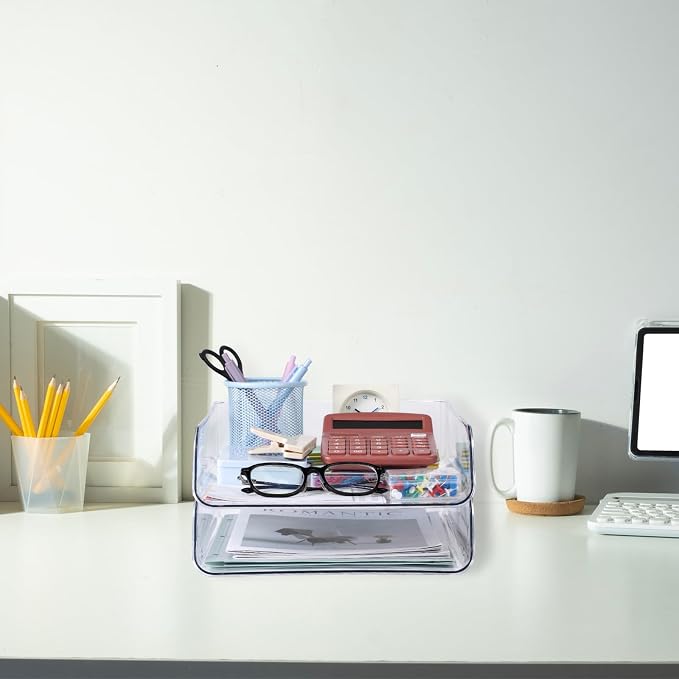 2 Pack Paper Organizer Letter Tray Plastic Stackable Desk File Organizer 12.99 x 10.43 x 2.95 Inch Clear Paper Holder File Tray for Desk Accessories Office Organization and Storage