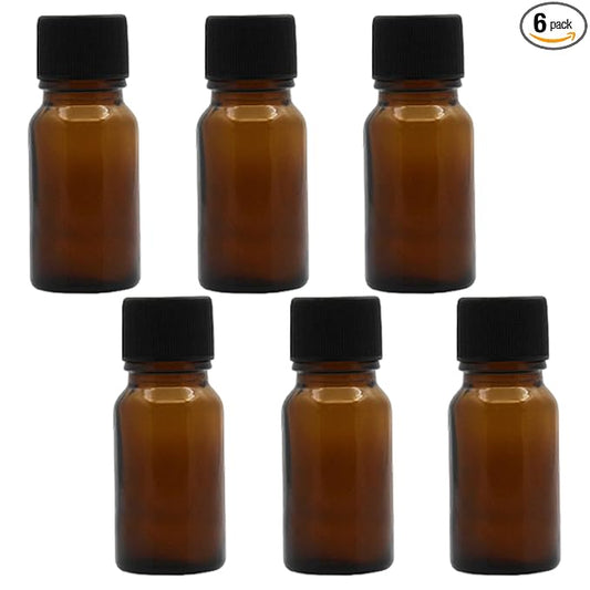 6Pcs Amber Glass Essential Oil Bottles with Orifice Reducer and Black Cap Empty Cosmetic Perfume Aromatherapy Storage Container Vial Pots Portable Refillable size 10ml/0.33oz