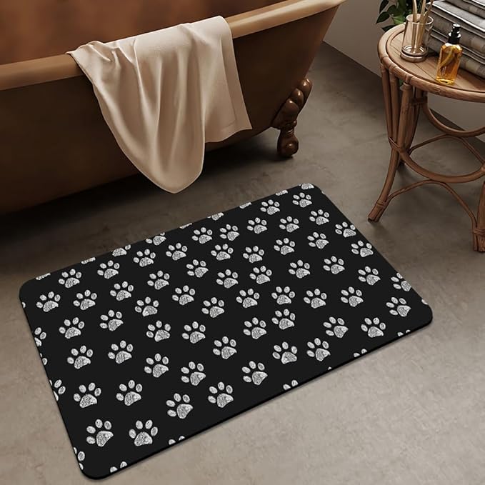 Bath Mat Rug,White Doodle paw Prints Non Slip Quick Dry Super Absorbent Thin Bathroom Rugs Fit Under Door-Easy to Clean Bathroom Floor Mats-Shower Rug for Shower Sink Bathtub(20" x 31"in)