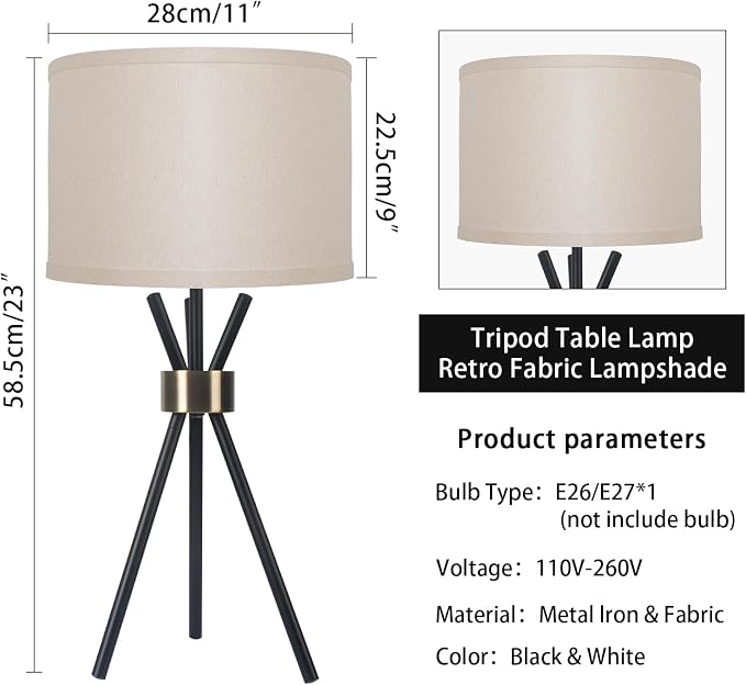 Tripod Table Lamp, Metal Body with Linen Drum Shade, Tall Table Lamp for Bedroom with E26 Socket, Ideal for Living Room, Nightstand, Home Office, Dorm (Bulb Not Included)