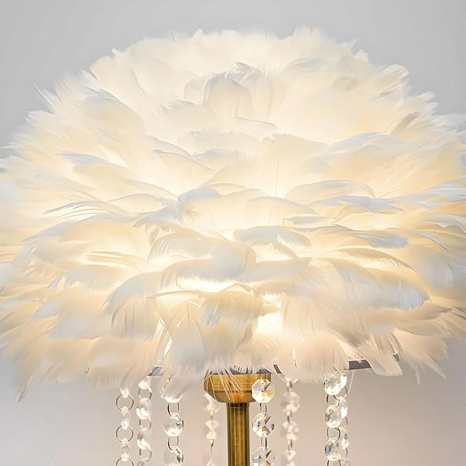 Fandian Feather Table Lamp White with LED Bulb Plug in Feather Night Lights Bedside Lamps for Mother Girlfriend Home Girl Room Wedding Decoration