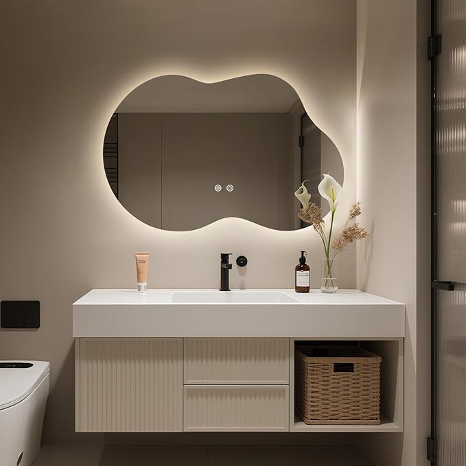 WallBeyond 36"x24" Irregular LED Bathroom Mirror with Lights, Asymmetrical Backlit Vanity Mirror for Powder Room or Makeup Area, Dimmable & Anti-Fog, Dual Mounting