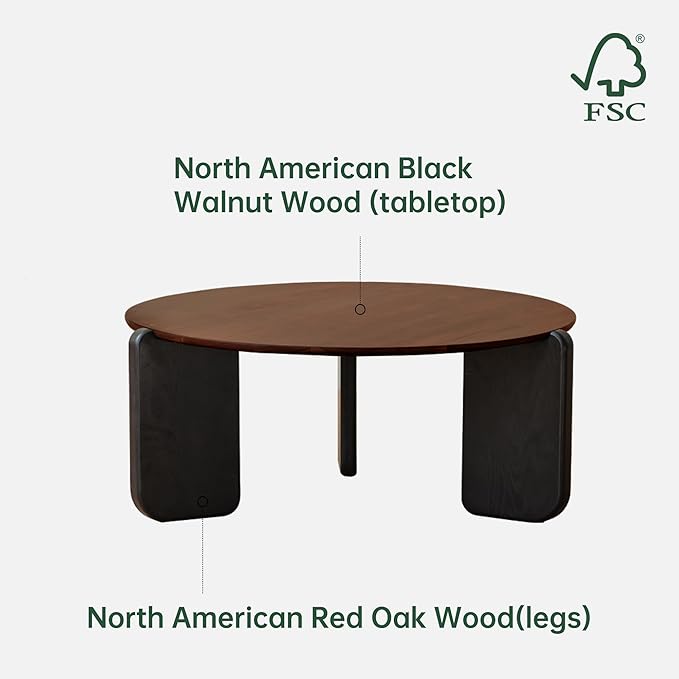 YESWOOD Round Coffee Table, Solid Walnut Wood Top Coffee Table with Oak Legs, Mid Century Morden Living Rooom Table, Small Coffee Table for Bedroom Balcony Living Room (31.34" D x 13.31" H)