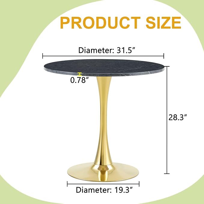 31.5 Inch Small Round Dining Table for 2-4 Person, Circle Tulip Table with Faux Marble MDF Top and Gold Metal Base,Mid Century Modern Bistro Table for Kitchen, Small Places,Living Room, Cafe