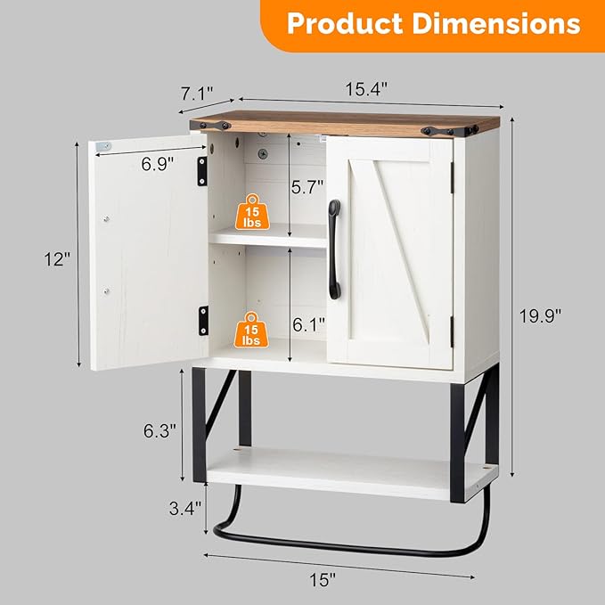 VINGLI Small Bathroom Medicine Cabinet with Tower Bar 7.1"D x 15.4"W x 23.3"H Farmhouse Wall Cabinet Over Toilet Storage with Adjustable Shelf Wall Mounted for Bathroom Kitchen (Rustic White & Brown)