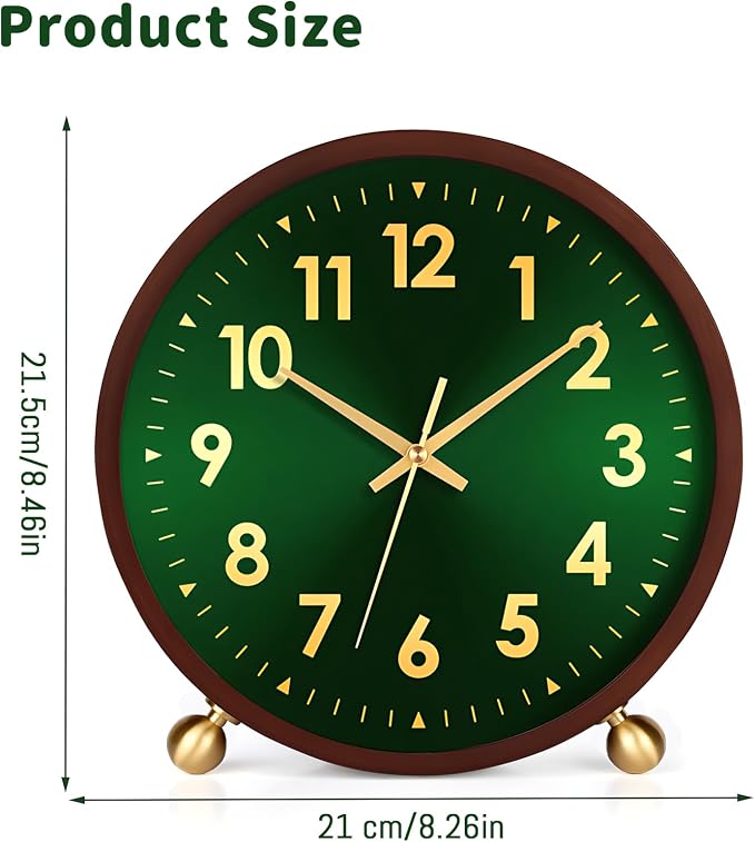 Maxspace Wooden Table Clock,8in Silent Non-Ticking Desk Clock with Gold Ball Base,Battery Operated Desktop Analog Clock for Living Room Office Bedroom Decor (Green Gold - Walnut, Copper Ball Base)