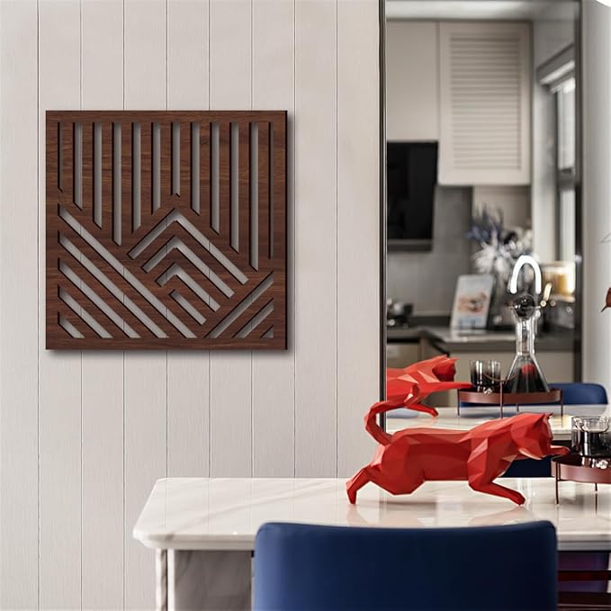 Geometric Mountain Wood Wall Art Decor, 2 Pcs Modern Mountain Wall Sculptures Wooden Square Hanging Abstract Panels, 3D Square Hollow Wood Art Wall Decor for Home Office Living Room Bedroom (Brown)