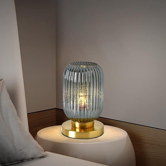 Mid Century Modern Globe Table Lamp Grey Glass Table Lamp Vintage Bedside Lamp Gold Desk Lamp Ribbed Design Shade Small Side Table Lamps Table Light for Bedroom Living Room Office