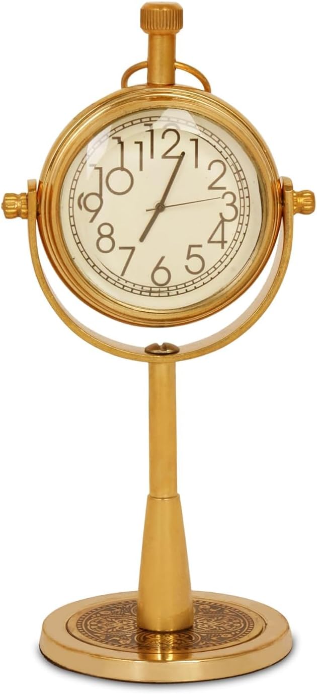 Vintage Brass Table Clock Antique Style Desk Timepiece Handcrafted Solid Brass Clock for Home or Office Classic Retro Decor Accent Elegant Collectible Gift for Men & Women(4x5.5 Inch) Golden Finish