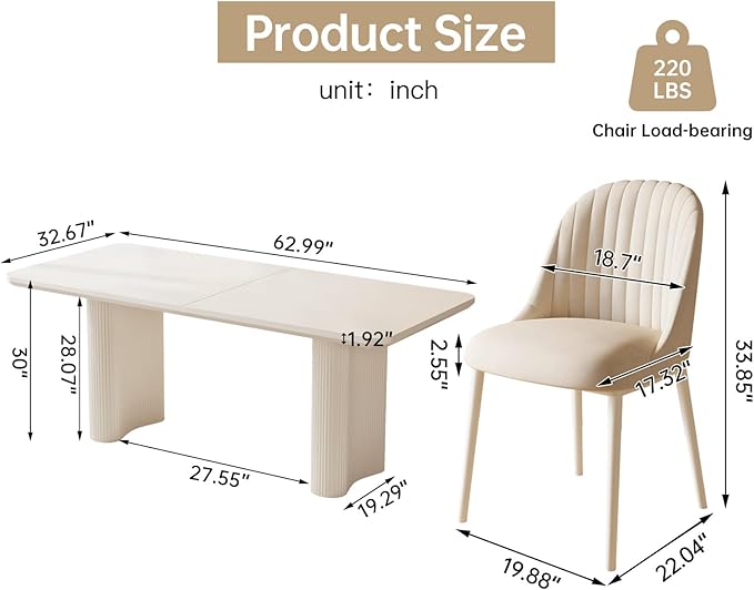 5-Piece Modern Dining Set, 62.99" Dining Table Set for 4, Rectangular Kitchen Table with 4 Chairs, White Dinner Table for 4-6 Person