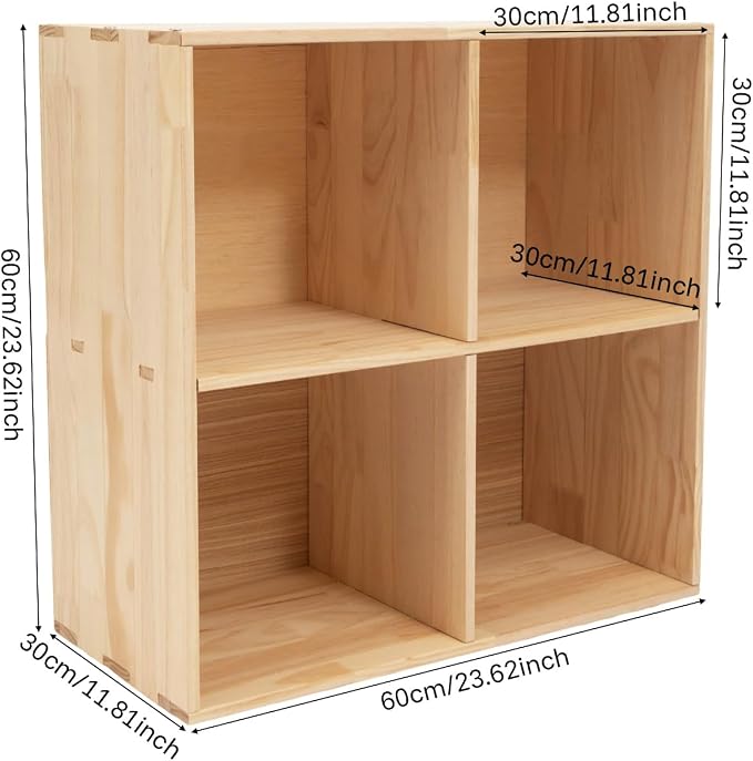 4 Cube Storage Organizer, Solid Wood Bookshelf, Vertical Or Horizontal Bookcase Horizontal Bookshelf, Bookcase for Bedroom, Living Room, Office (Natural Wood, 4-Cube, 2)