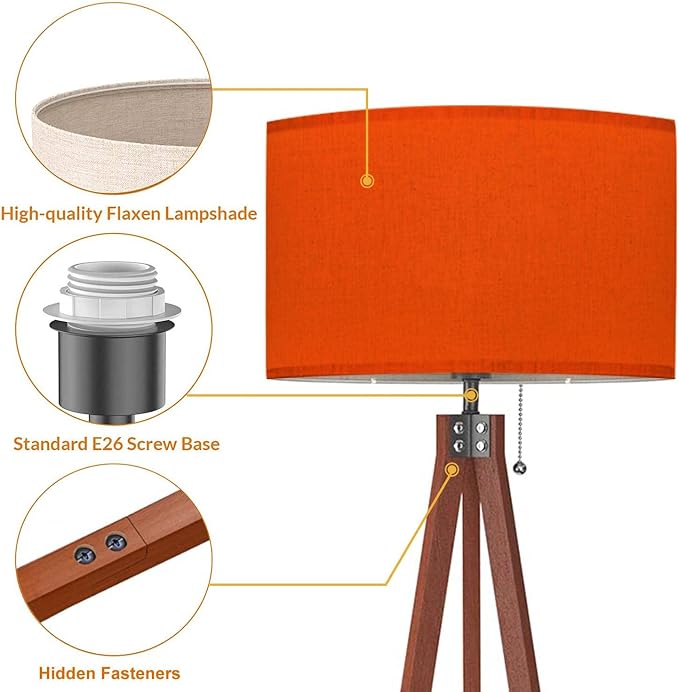 Wood Tripod Floor Lamp Orange Color for a Warm Colorful Modern Standing Lamp Linen Lampshade Dimmable Tall Lamp Mid Century Floor Lamp for Living Room Bedroom