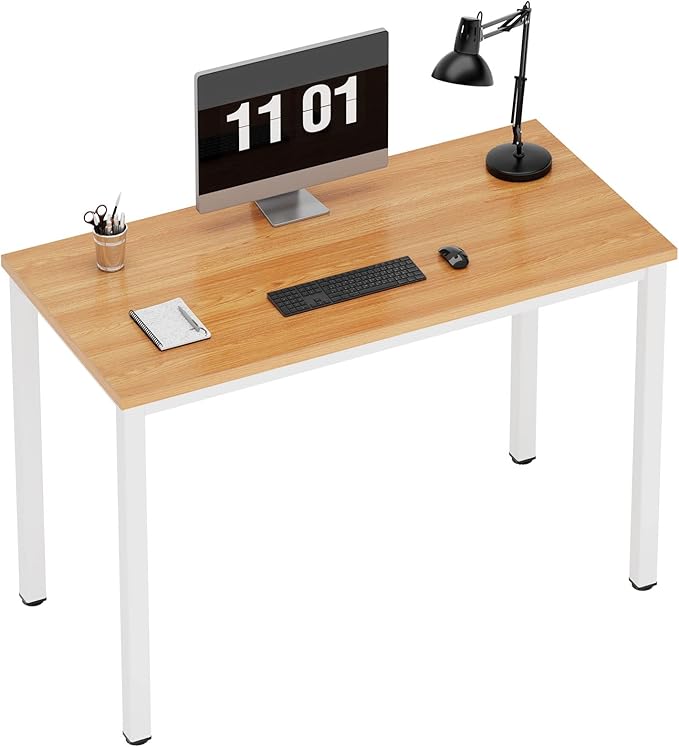 Need 39.4 inch Small Computer Desk, Sturdy Writing Desk for Small Spaces, Teens Computer Desks Study Table Laptop for Home Office, White Metal Frame, Teak Tabletop