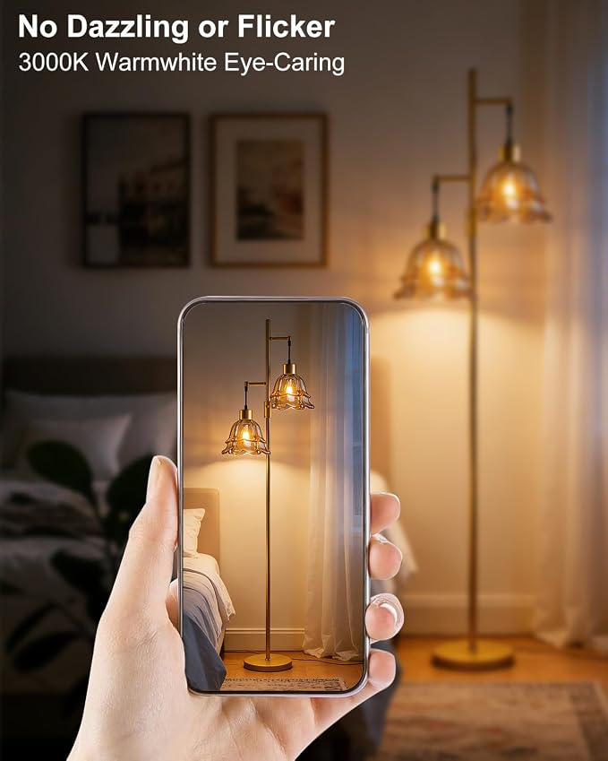 2-Light Modern Glass Floor Lamp, Gold Tall Standing Lamp with Amber Tulip Glass Shade for Reading, Dimmable LED Floor Lamp with Rotary Switch for Living Room Bedroom Home Decor, Bulb Included