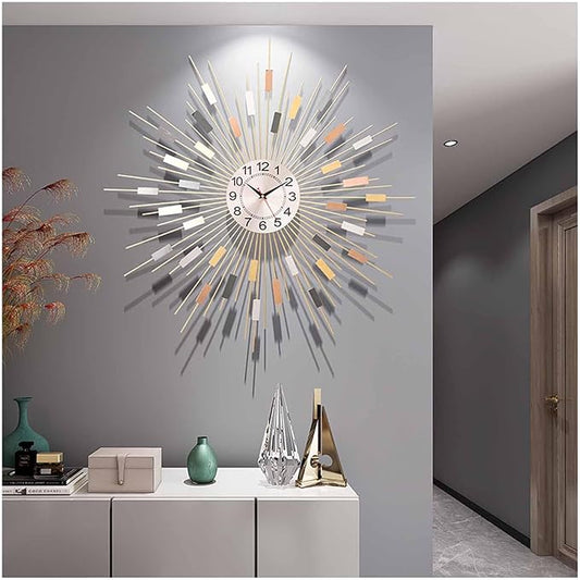 Gold Sunburst Wall Clock for Living Room - Large Non-Ticking Silent Modern Decor - Elegant Metal Dial Clock for Bedrooms