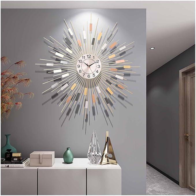 Gold Sunburst Wall Clock for Living Room - Large Non-Ticking Silent Modern Decor - Elegant Metal Dial Clock for Bedrooms