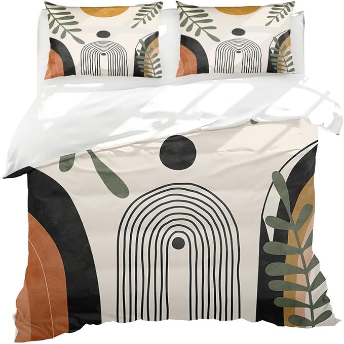 Boho Duvet Cover King Abstract Orange Black Boho Comforter Modern Mid Century Boho Bedding Sets Geometric Comforterfor All Season,3 Pieces Home Bedroom Decorations Soft Microfiber 104"x88"