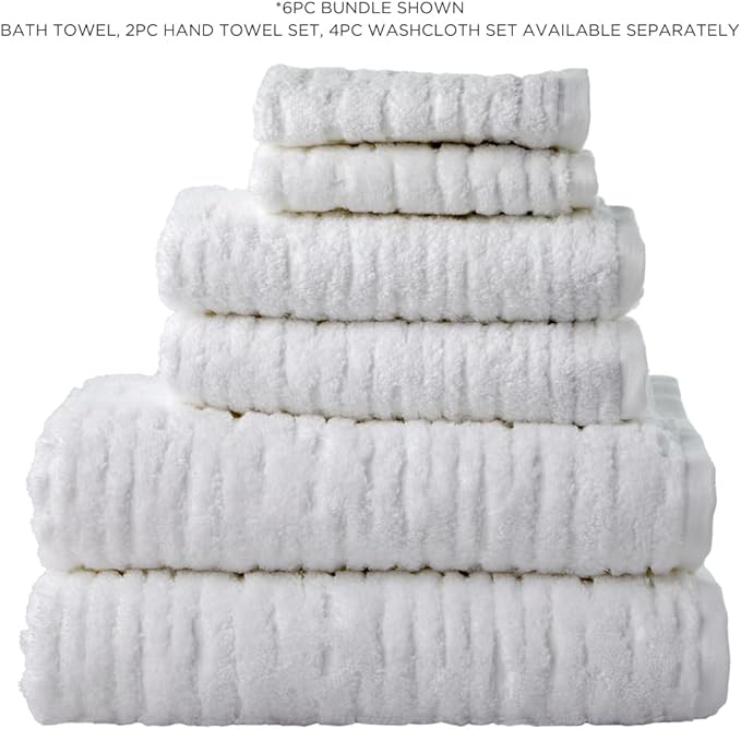 SKL Home CloudSoft 100% Cotton Luxury 6-Piece Towel Set, 600 GSM, Ultra Plush & Absorbent - 2 Bath Towels, 2 Hand Towels, 2 Washcloths, White