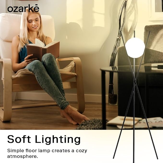 Ozarke Solstice Modern Frosted Glass Globe Floor Lamp (165cm) Contemporary LED Dimmable Lighting for Bedroom, Living Room, Hotel & Home Office (Black)