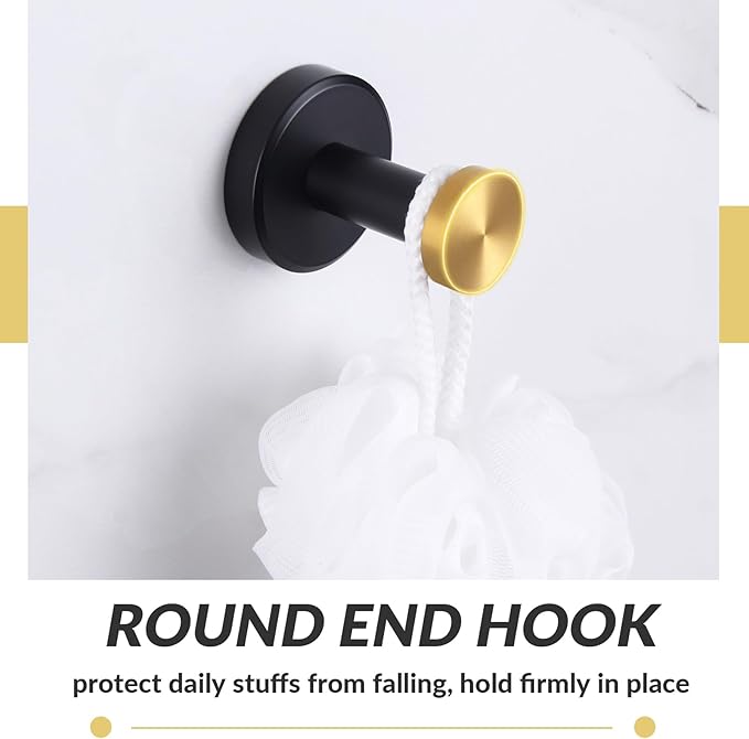 APLusee Black Gold Robe Towel Hook, Stainless Steel Coat Hanger, Clothes Holder for Bath Toilet Accessories, Wall Mounted