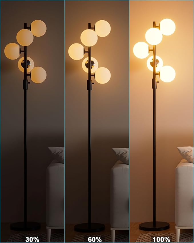 64IN Dimmable Black Floor Lamp, Tall Standing Lamps with 5 Globe Soft Warm White Eye Care 3000K G9 Bulbs, Mid Century Modern Floor Lamp with 5Lbs Heavy Base for Living Room Bedroom Office