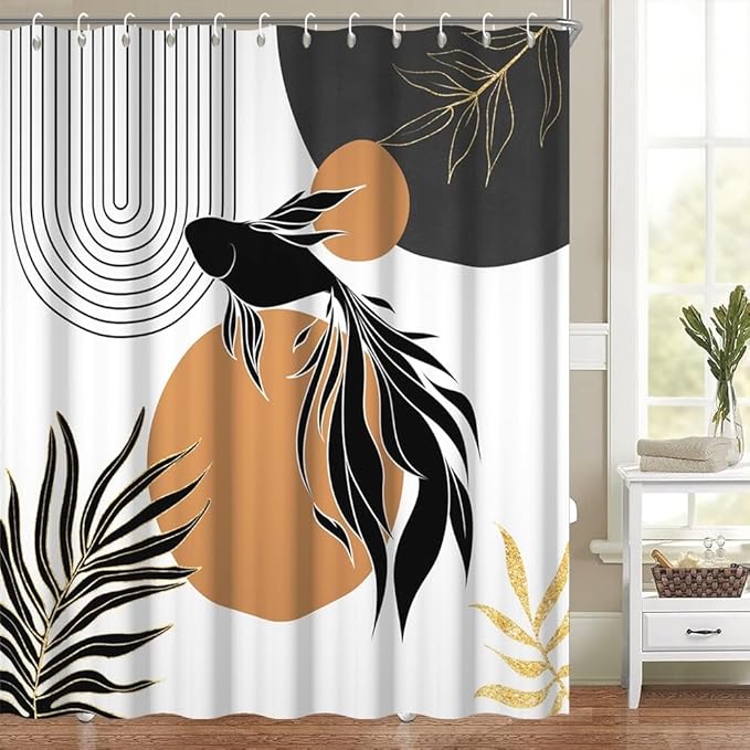 Boho Abstract Goldfish Shower Curtain Modern Abstract Minimalist Neutral Bathroom Decor Arch Sun Black Gold Leaf Chic Aesthetic Bath Curtains Washable Waterproof Polyester Fabric with Hooks 72x72 Inch
