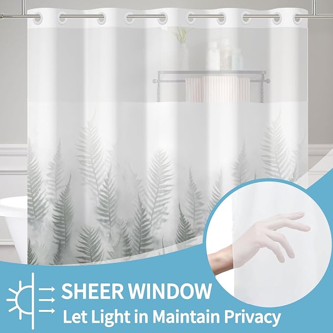 Fern Leaves Shower Curtain with Snap in Liner Gradient White Green Fabric Cloth Bath No Hook Shower Curtains with Mesh Top Window Waterproof Bathroom Curtain Set 71Wx74H