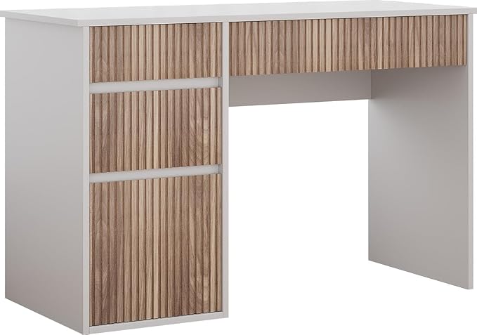 4 EVER WINNER White Desk with Drawers, 48 Inch Computer Desk with Hidden Handle and Storage Cabinet, Writing Desk with Drawers for Home Office Study Table, White and Walnut